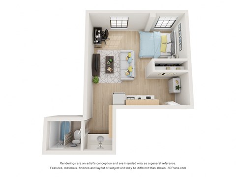 Floor plan for studio, 1 bath, 420 sqft